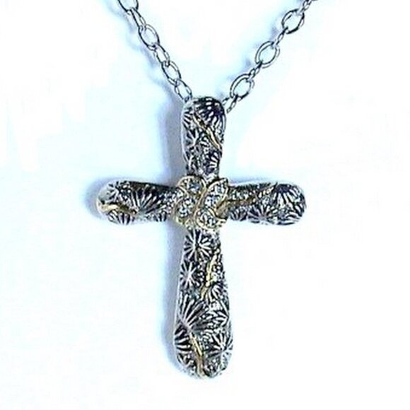 Two Tone Clear Crystal Rhodium Plated Silver Cross Chain Necklace - Picture 1 of 2
